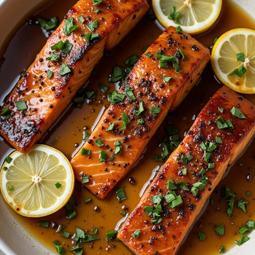 A beautifully cooked salmon fillet displaying a rich honey garlic glaze, presented on a rustic plate.