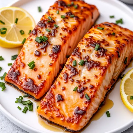 Detailed shot of cooked salmon fillet drizzled with honey garlic sauce, garnished with green onions.