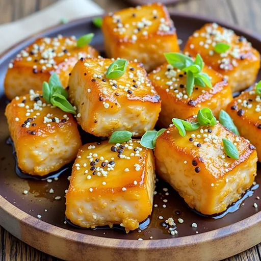 Golden-brown salmon pieces on a plate, showcasing a glossy honey garlic glaze and fresh herbs.