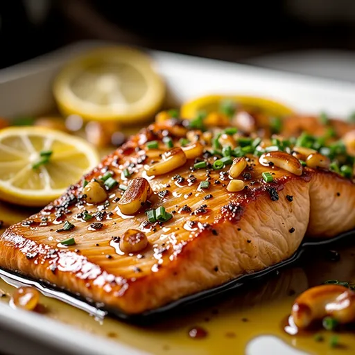 A beautifully plated honey garlic salmon with garnished green onions and soft shadows.