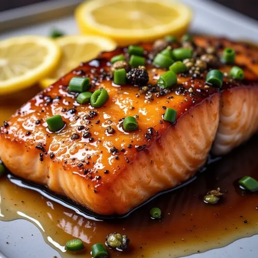 Beautifully cooked salmon fillet coated in honey garlic glaze, with sesame seeds and green onions.