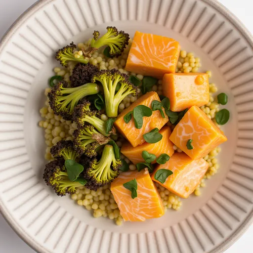 A vibrant bowl of Lemon Salmon Couscous adorned with fresh ingredients and a lemon wedge.