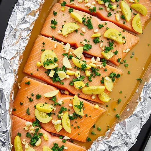 Succulent salmon topped with garlic and honey sauce, wrapped in aluminum foil.