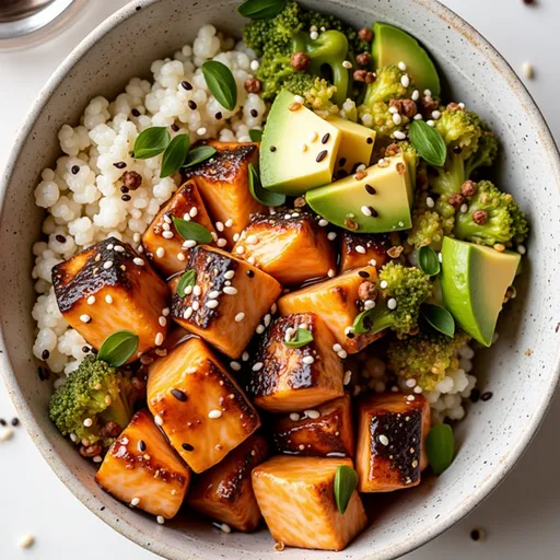 A vibrant dish featuring honey-glazed salmon on a bed of quinoa, garnished with green onions and sesame seeds.