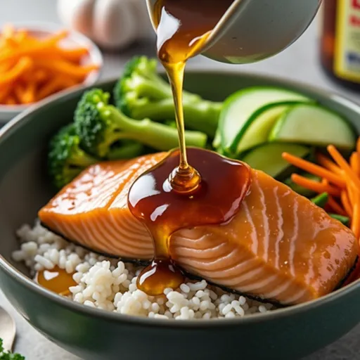 A vibrant Honey Garlic Salmon Bowl featuring grilled salmon, steamed broccoli, and avocado slices.