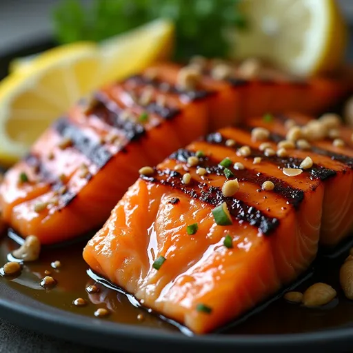 Succulent salmon fillet on a plate, showcasing a golden honey-garlic glaze and fresh herbs.