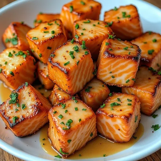 Delicious salmon bites drizzled with garlic and honey, garnished with green onions.
