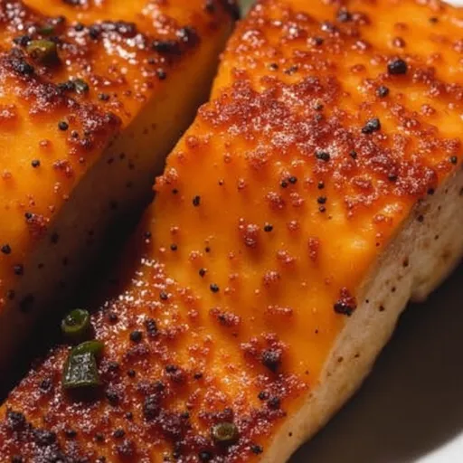 Appetizing Air Fryer Honey Garlic Salmon with a shiny glaze, served on a rustic plate and decorated with herbs.