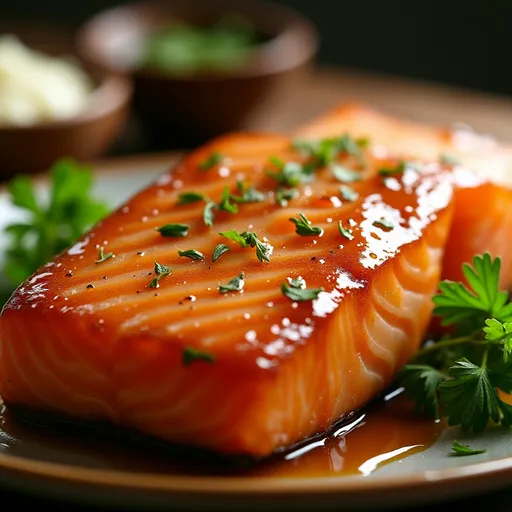 A beautifully styled plate of baked salmon with a glossy garlic honey glaze and soft shadows.