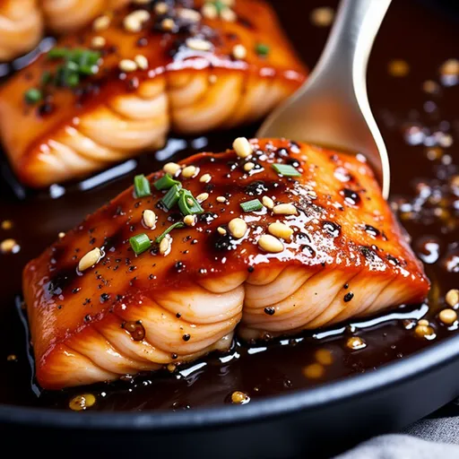 A beautifully cooked salmon fillet glazed with honey and garlic, served with vibrant green onions.