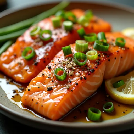 Beautifully plated air-fried salmon topped with a glaze and served with lemon wedges, shot with natural light.