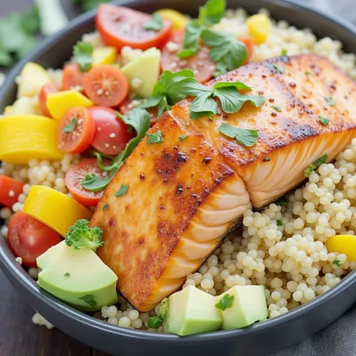 A beautifully plated Honey Garlic Salmon Quinoa Bowl featuring salmon, quinoa, broccoli, and avocado.