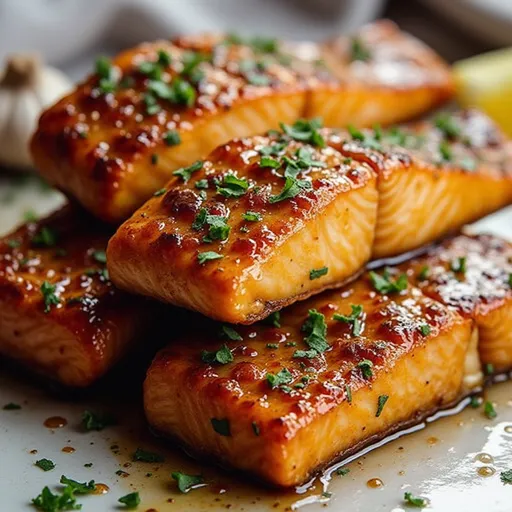 Flavorful salmon fillet with a glossy honey garlic glaze, served on a plate with lemon wedges.
