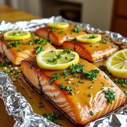 Baked Honey Garlic Butter Salmon in foil, showcasing rich textures and garnishes of lemon and parsley.