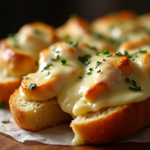 A loaf of garlic bread filled with shredded chicken and Alfredo sauce, beautifully lit.