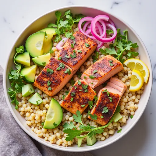 Delicious salmon couscous bowl with colorful ingredients like cherry tomatoes, cucumber, and parsley.