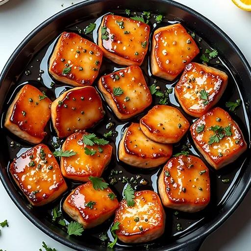 Delicious bite-sized salmon pieces glistening with honey garlic glaze, presented in a cozy setting.