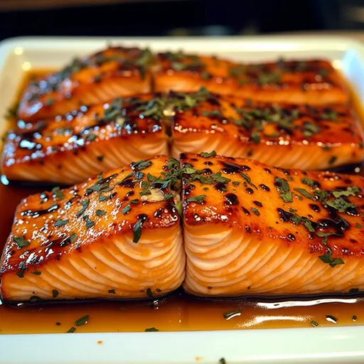Juicy salmon coated in a glossy honey garlic sauce, beautifully presented.
