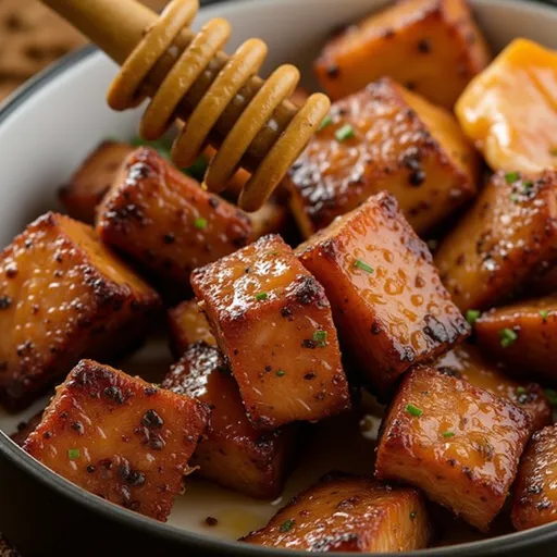 Savory Hot Honey Salmon Bites on a rustic plate, showcasing vibrant colors and textures.
