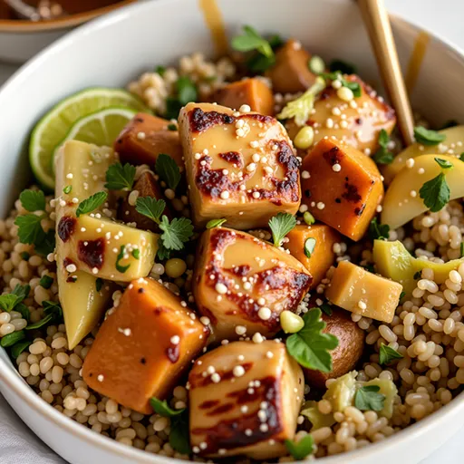 A vibrant Maple Dijon Chicken & Pear Bowl with colorful ingredients like cabbage and pear slaw, shot in natural light.