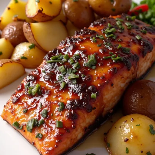 Plate of honey garlic salmon fillets next to golden roasted potatoes, illuminated by soft natural light.