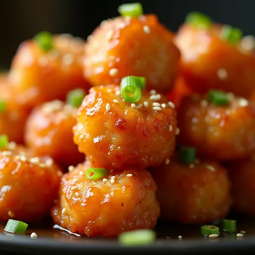 A plate of crispy honey garlic salmon bites, showcasing their shiny glaze and crispy texture, with a soft background.