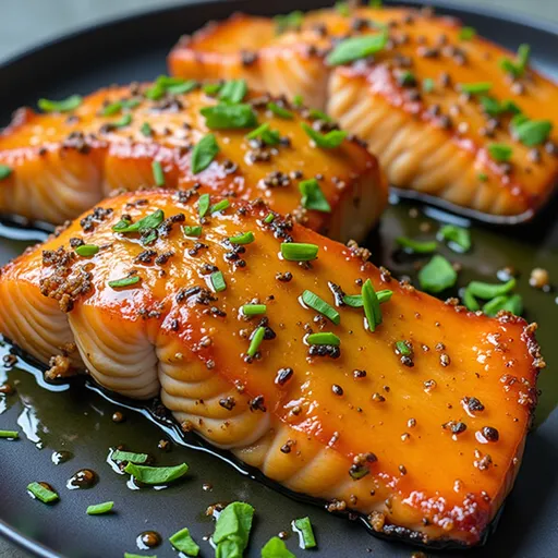 Air fryer salmon with glossy honey garlic glaze, shot at eye-level, highlighting texture.