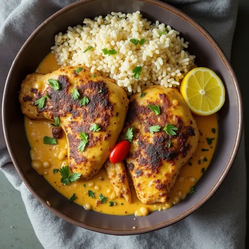 A delicious plate of peri-peri chicken and rice, showcasing creamy texture and vibrant colors in soft lighting.