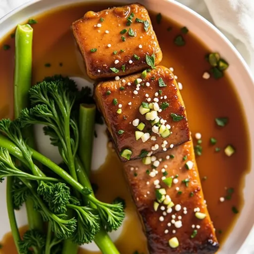 Eye-level shot of a beautifully grilled salmon fillet with a glossy honey garlic glaze and vibrant garnishes.