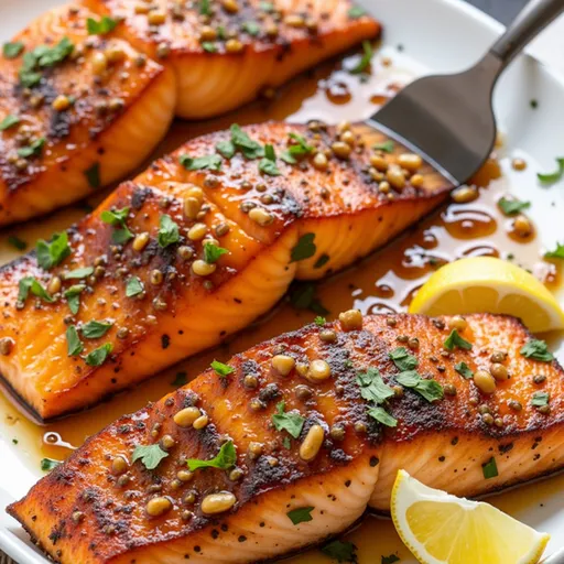 A vibrant salmon filet glazed with honey and garlic, presented beautifully.