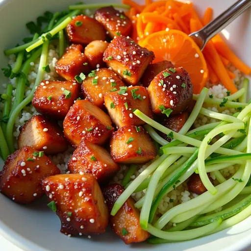 Delicious Honey Garlic Salmon Bowl with vibrant ingredients including salmon, rice, and green onions.