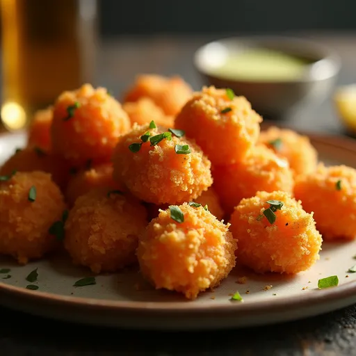 A plate of golden-brown salmon bites drizzled with honey garlic sauce, surrounded by a blurred background.