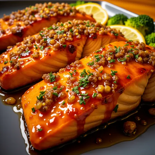 Golden brown Easy Honey Garlic Oven-Baked Salmon with soft shadows and a blurred background.