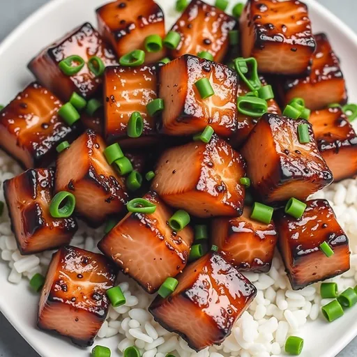 A vibrant plate of bite-sized salmon pieces drizzled with honey garlic sauce and sprinkled with sesame seeds.