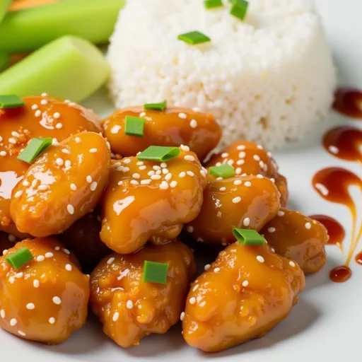 A plate of Chinese Honey Chicken, showcasing golden-brown chunks under soft lighting.