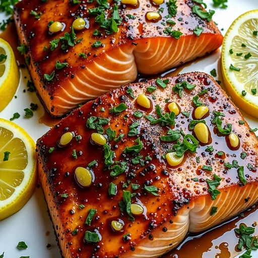Air Fryer salmon dish with a shiny honey garlic glaze, lemon wedges, and a blurred background.