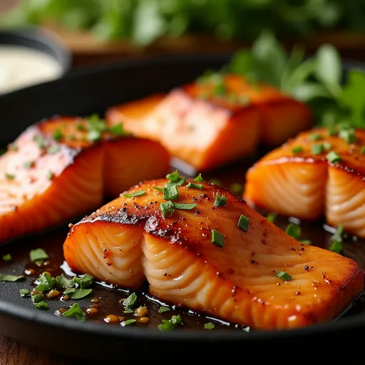 Delicious one-pan honey garlic salmon showing a glossy glaze with minced garlic and a soft background.