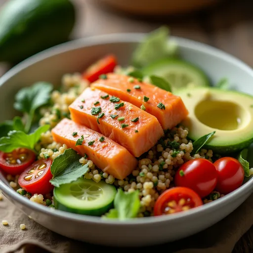 A beautifully arranged salad bowl featuring salmon, diced avocado, quinoa, cherry tomatoes, and cucumber.