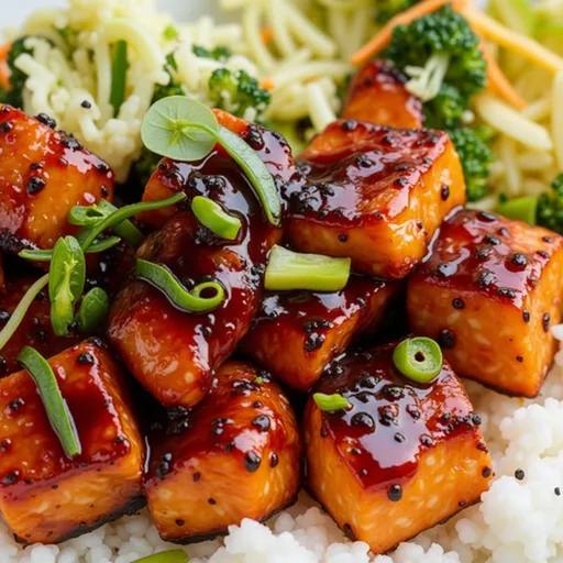 Delicious bowl featuring salmon glazed with honey garlic sauce, rice, and vegetables.