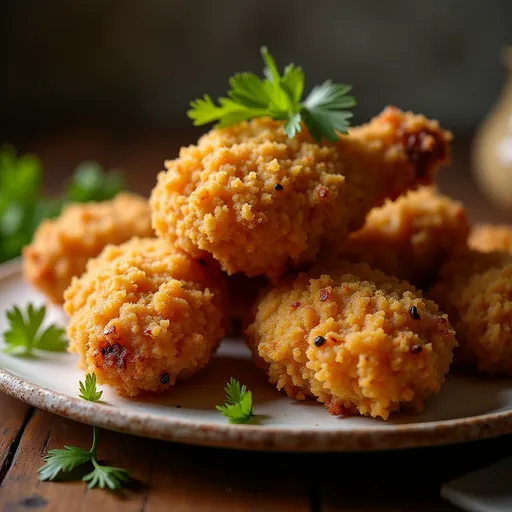 Delicious plate of crispy pretzel chicken with a creamy sauce, highlighted by soft natural light.