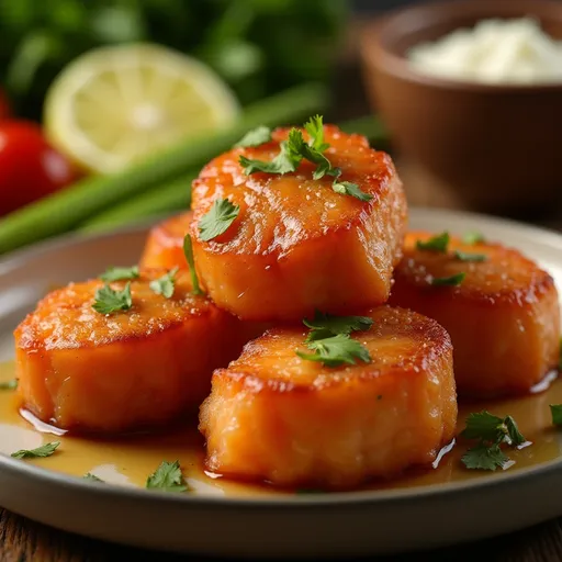 Air fryer salmon pieces glistening with honey and garlic sauce, with a blurred background.