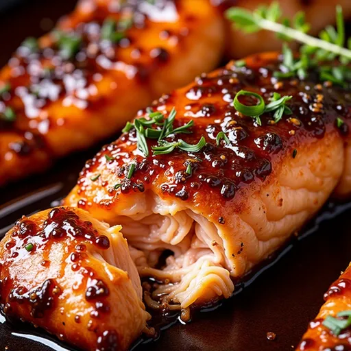 Detailed shot of a succulent honey garlic salmon glazed with a shiny sauce, softly lit.