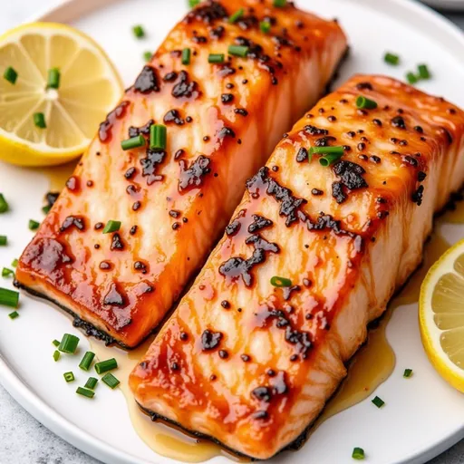 Eye-level shot of honey garlic glazed salmon served on a plate, showcasing its rich color and texture.