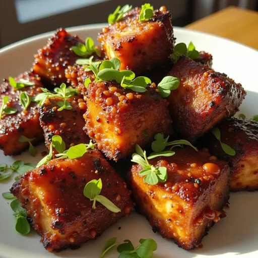 Delicious salmon bites glazed with honey and garlic, beautifully plated.