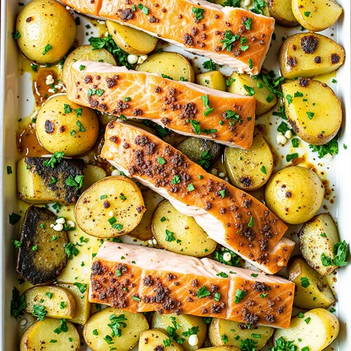 Eye-level shot of Honey Garlic Salmon and potato bake, showcasing textures and colors.