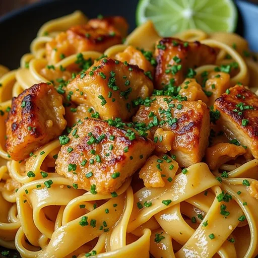 Delicious linguine pasta featuring diced chicken in a creamy sauce, garnished with fresh herbs.
