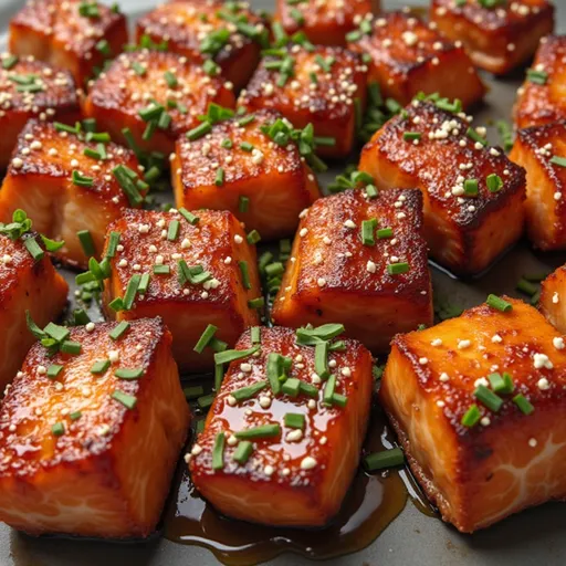 Appetizing salmon bites on a rustic plate with warm lighting and soft shadows.