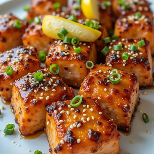 Deliciously fried salmon chunks with a golden-brown crust, served on a plate with sesame seeds.