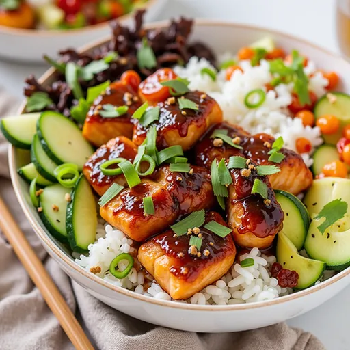 A beautifully styled bowl featuring salmon fillets glazed with honey garlic sauce over rice, topped with green onions.
