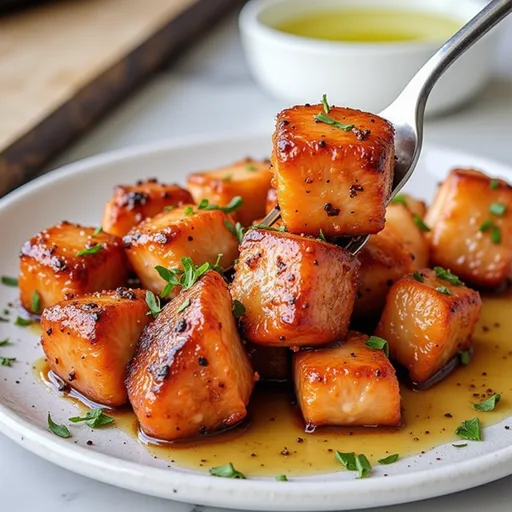 Deliciously cooked salmon fillets with a shiny glaze, served with lemon on a wooden plate.